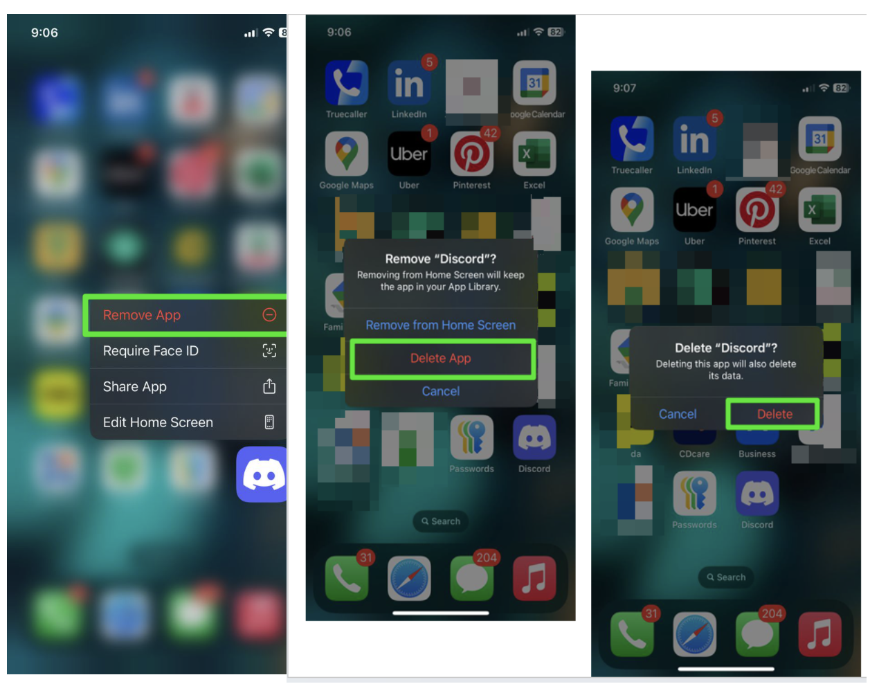 You can uninstall Discord on iOS by tapping and holding the Discord icon and selecting Remove App from the menu